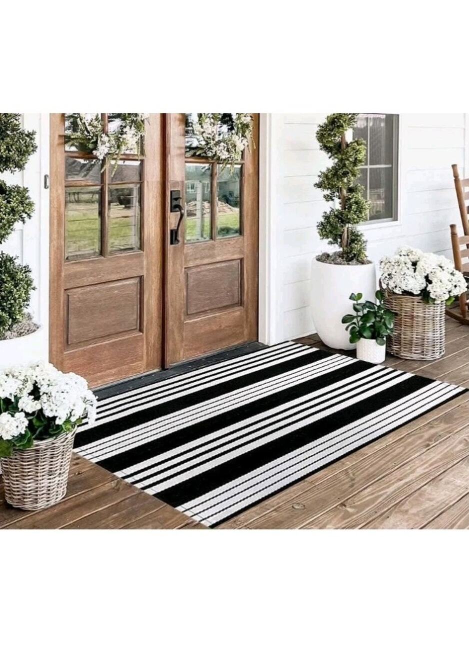 Front Porch Rug 2x3 Black and White Striped Outdoor Rug Washable